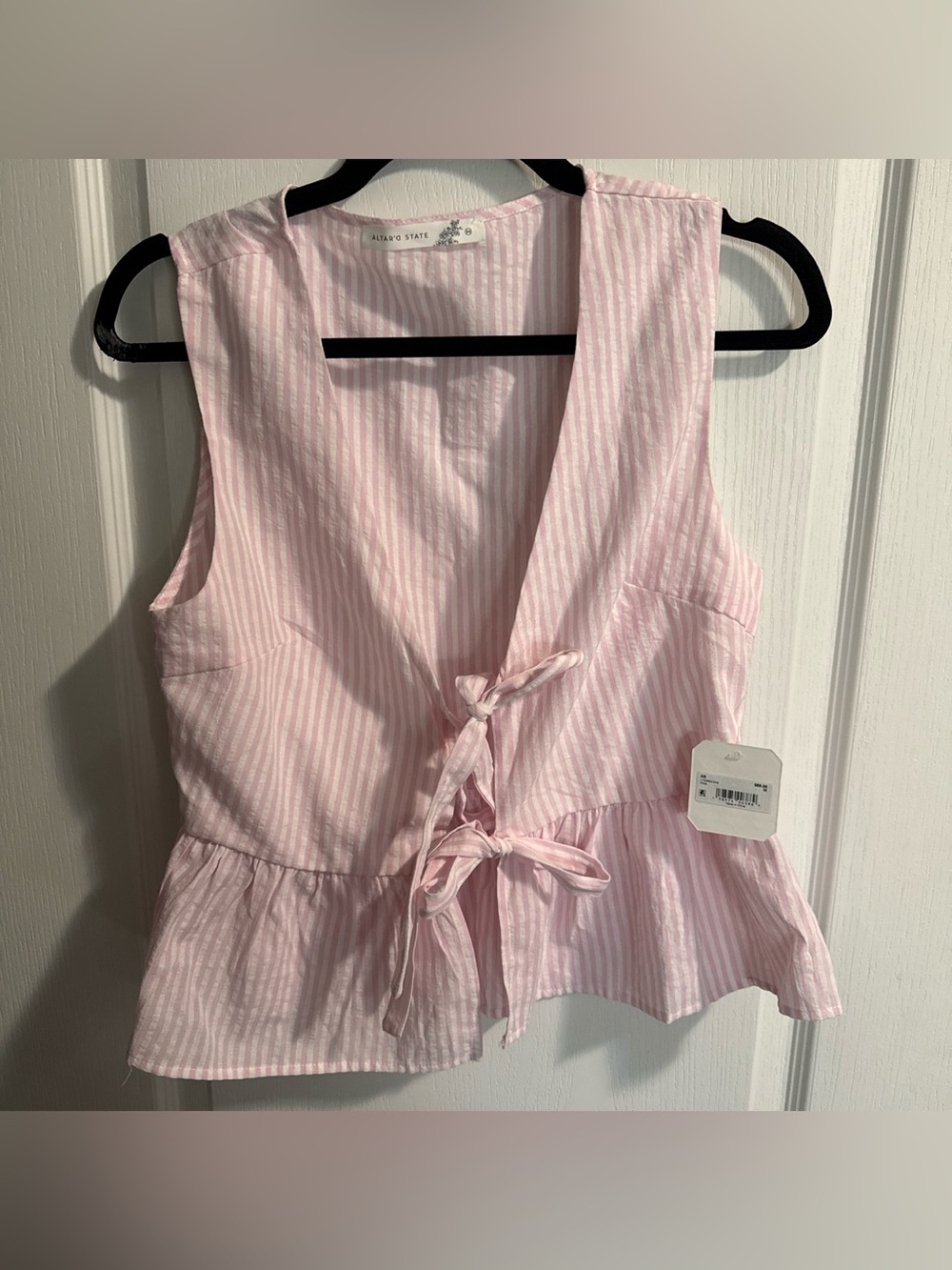 Altar'd State Pink Striped Tie-Front Peplum Vest
